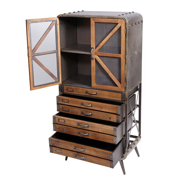 Armoire haute Mendler HWC-F91, armoire d'apothicaire, armoire de salon, métal en bois de sapin industriel 128x60x33cm, brun-noir, 70613