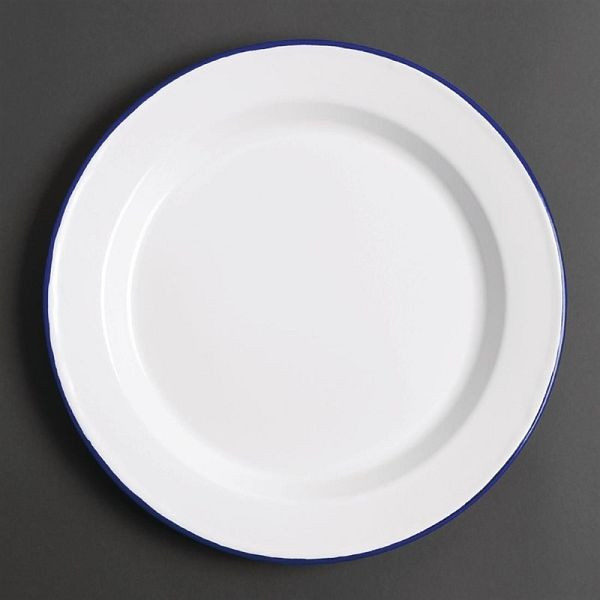 Assiettes plates émaillées OLYMPIA blanc-bleu 24,5cm, UV: 6 pièces, GM512