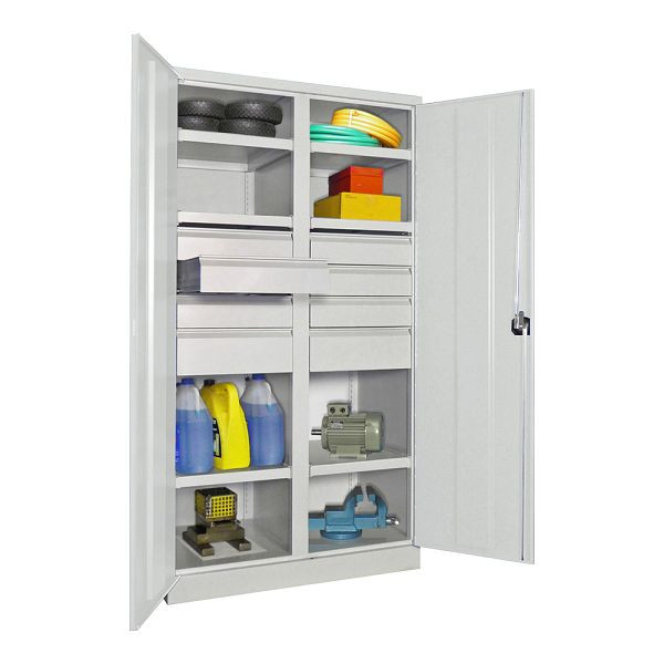 Armoire charges lourdes Pavoy 1950/1040/630, cloison, 6 étagères thermolaquées, 8 tiroirs, portes battantes, poignée rotative avec serrure à cylindre, 36366-104-004-905204