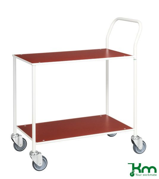 Kongamek Petit chariot de table, entièrement soudé, 840 x 430 x 970 mm, Rouge / Blanc, 4 roulettes pivotantes avec frein, KM173-1B