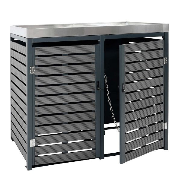 Mendler HWC-K14 Habillage poubelle 2 places, poubelle avec jardinière, 112x63x78cm acier inoxydable WPC 79kg, anthracite, 87613 + 84787