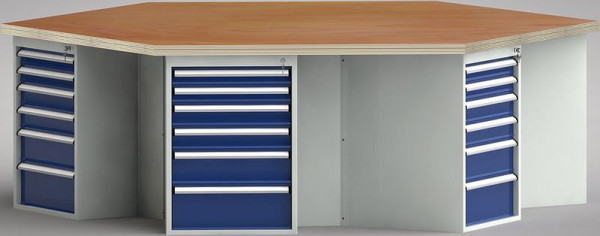Etabli standard KLW de forme hexagonale (version ERGO) avec plateau multiplex en hêtre de forme hexagonale 2338 x 2700 x 40 mm L x l x P, WS620E-1350M40-E8003
