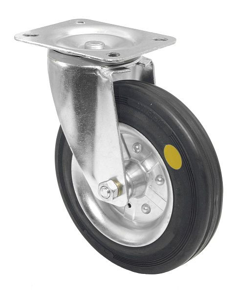 Rouleau de transport BS rollers, largeur 50 mm, Ø200 mm, jusqu'à 205 kg, bande de roulement caoutchouc noir antistatique, corps de roue jante acier, roulement à rouleaux, platine, L400.B58.200