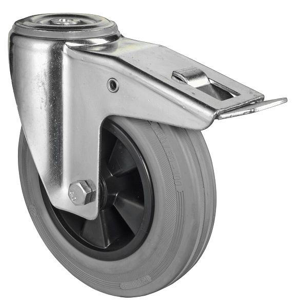 Rouleau de transport BS rollers avec frein, largeur 50 mm, Ø200 mm, jusqu'à 200 kg, bande de roulement en caoutchouc gris, corps de roue en plastique, roulement à rouleaux, L121.B46.200