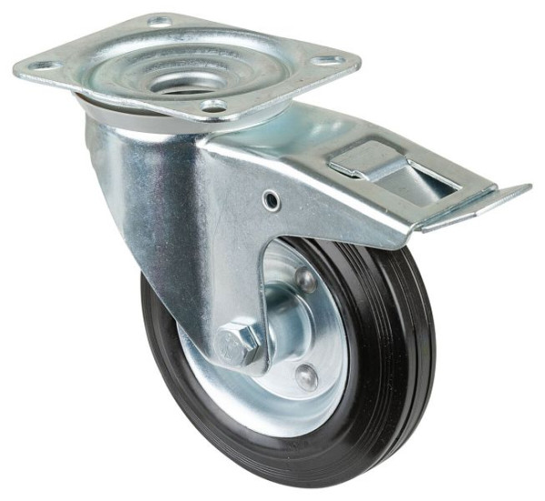 Rouleau de transport BS rollers avec frein, largeur 40 mm, Ø160 mm, jusqu'à 135 kg, caoutchouc noir, corps de roue jante en acier, roulement à rouleaux, platine, L420.B58.160