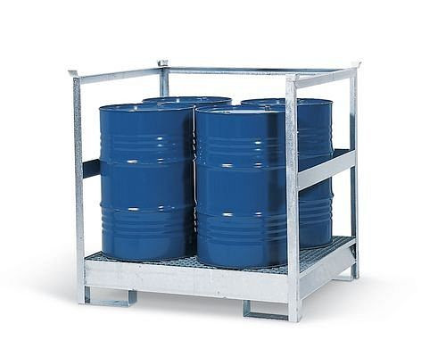 Station de matières dangereuses DENIOS 4 P2-R en acier, galvanisée, pour 4 fûts de 200 litres chacun, avec cadre, empilable, 114-480