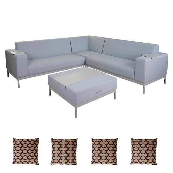 Mendler HWC-C47 ensemble de jardin en aluminium, canapé, tissu/textile d'extérieur, bleu avec étagère, coussins marron, 58493+58494+58495+4x51886