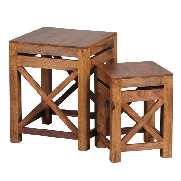 Wohnling set de 2 tables d'appoint PALI en bois de Sesham massif, design style maison de campagne marron foncé, WL1.561