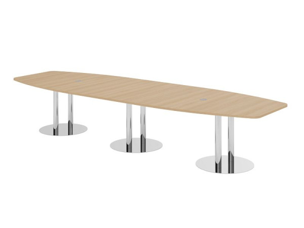 Table de conférence Hammerbacher KT40S, 400 x 130 cm, plateau : chêne, épaisseur 25 mm, avec trois pieds colonnes chromés, 7,6/70 cm, hauteur de travail 74 cm, VKT40S/E/C