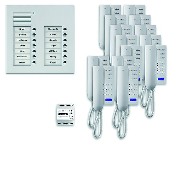 Système de commande de porte audio TCS : pack UP pour 14 unités d'habitation, avec poste extérieur PUK 14 boutons de sonnerie 2 colonnes, 14x interphones ISH3030, commande, PPU14 / 2-EN / 02