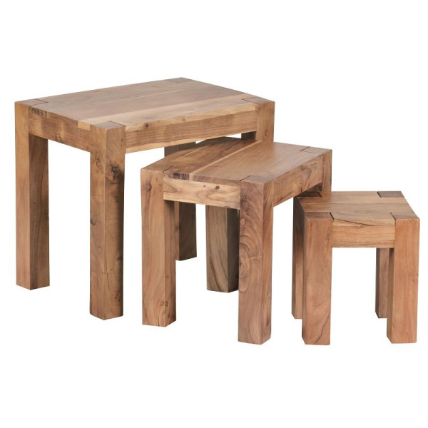 Wohnling set de 3 tables gigognes MUMBAI en bois massif d'acacia style maison de campagne bois naturel marron foncé, WL1.444
