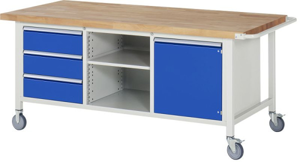 Etabli mobile RAU modèle 8563, L2000xP900xH880-1080mm, conteneur triple base, gauche : 3x180mm, milieu : étagère, droite : porte battante, 05-8563A2-209B4H.11