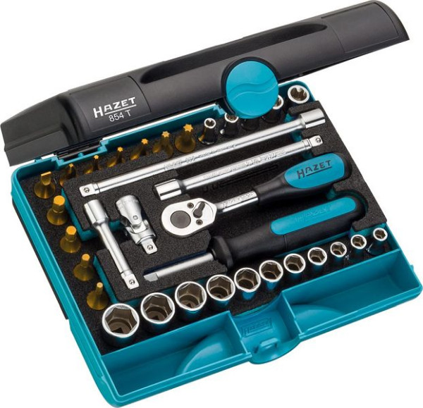 Jeu de clés à douilles Hazet, carré creux 6,3 mm, profil 6 pans extérieur, profil TORX® extérieur, profil TORX® intérieur, profil fendu, 854T