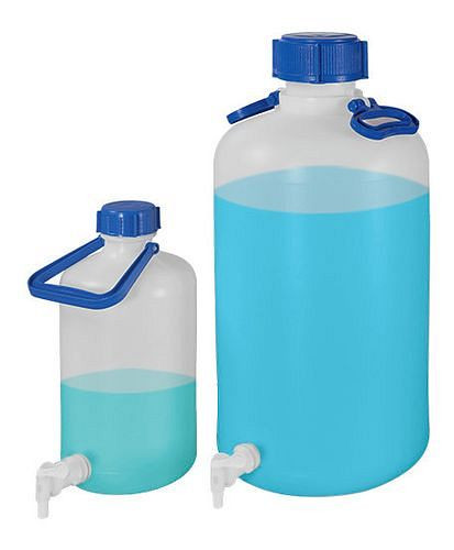Bouteilles à col large DENIOS en PE-HD, robinet de vidange, 2 poignées, 50 litres, 281-919