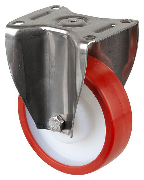 Roulettes BS roulette fixe pour charges lourdes en acier inoxydable, acier inoxydable, roue en polyuréthane à roulement lisse rouge, plaque à visser 150 mm, capacité de charge 600 kg, HS110.B27.150