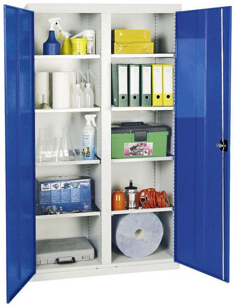 armoire à outils et matériaux contondants série 2000, 7035/5010, 8 étagères, cloison centrale, 2004074