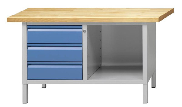 Établi d'armoire ANKE; 1500 x 700 mm; RAL 7035/5012; A gauche 3 tiroirs 170 mm; Sujet ouvert droit