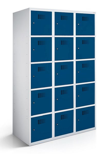 KEMMLIT armoire vestiaire 3 compartiments et 15 portes 30cm avec fond fermé, bleu gentiane 5010, loquet tournant, 100716