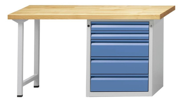 Établi combiné ANKE; 1500x700 mm; RAL 7035/5012; Armoire inférieure droite 625x640x800mm, 5 tiroirs 85, 85, 170, 170, 170mm