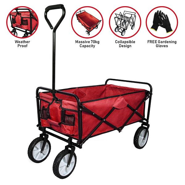 Chariot de jardin pliable Monster, chariot de transport, charrette à bras, chariot à roulettes, chariot d'équipement, chariot de plage, peut supporter jusqu'à 70 kg, rouge, 28429