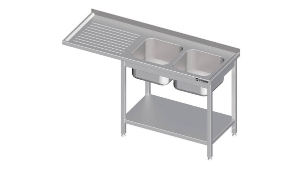 Meuble évier Stalgast avec base et surplomb, 1600x600x900 mm, avec deux bacs à droite, avec dosseret, soudé, VST16609RA