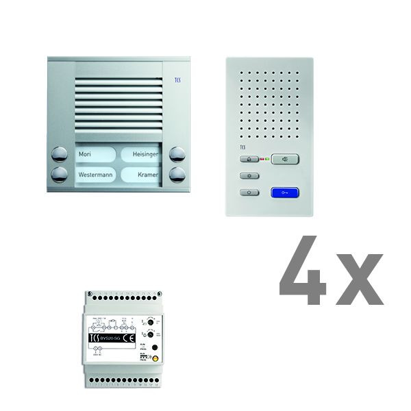 Système de commande de porte audio TCS : pack AP pour 4 unités résidentielles, avec poste extérieur PES 4 boutons de sonnerie, 4x haut-parleur mains libres ISW3030, unité de contrôle BVS20, PAAF042 / 002