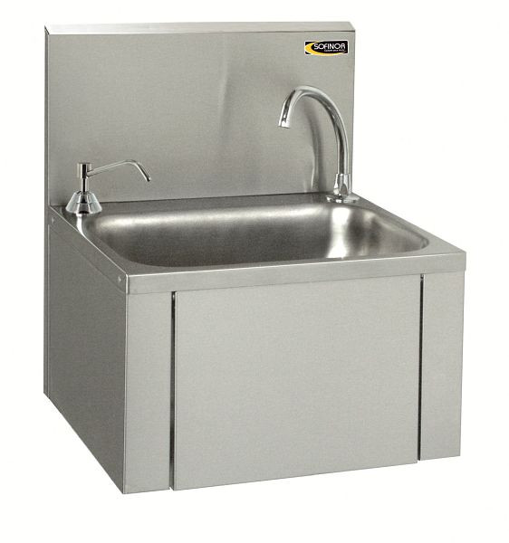 Lave-mains SOFINOR, rectangulaire, vasque étirée 400 x 250 x 140 mm, avec mitigeur et paroi arrière + distributeur de savon fixe, LMASWDC
