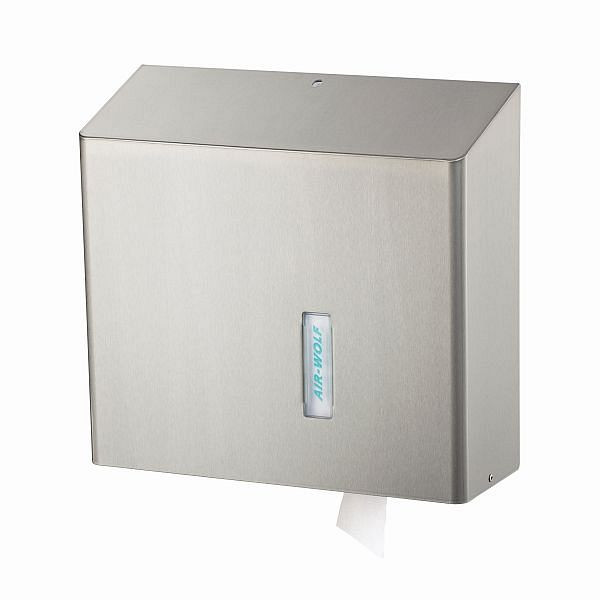 Distributeur de grands rouleaux Air Wolf pouvant être rempli librement avec 1 grand rouleau, série Omega, H x L x P : 350 x 377 x 133 mm, acier inoxydable revêtu, 29-037