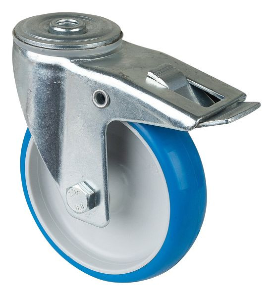 Rouleau de transport BS rollers avec frein, largeur 32 mm, Ø125 mm, jusqu'à 150 kg, bande de roulement polyuréthane bleu, corps en plastique, roulement à rouleaux, L121.B36.125