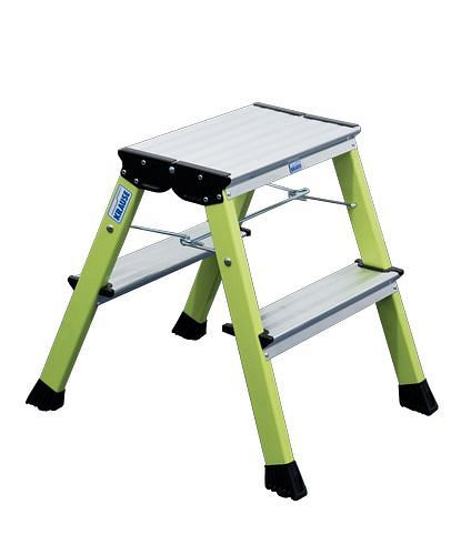 Marche pliante double DENIOS en aluminium, avec "arrêt automatique" et 2 x 2 marches, vert, 257-456