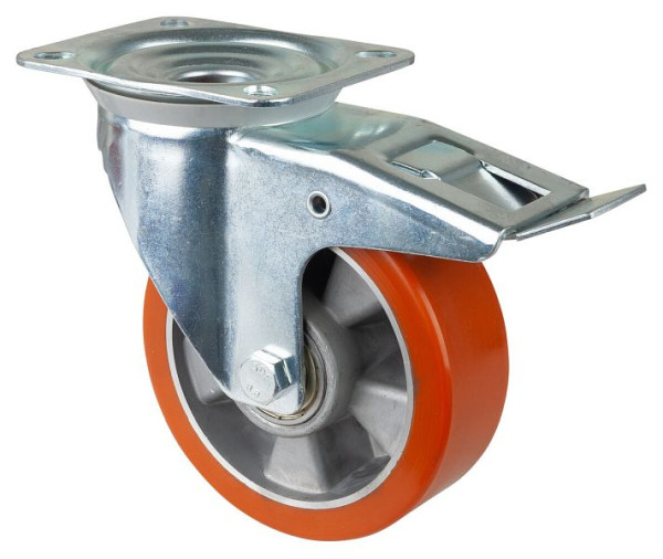 Rouleau de transport BS rollers avec frein, largeur 50 mm, Ø150 mm, jusqu'à 300 kg, bande de roulement en polyuréthane coulé, corps en aluminium, roulements à billes, L420.B90.151