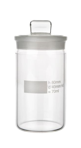 Verre de pesée Rettberg, HxØ 80x40 mm, forme haute, avec bouchon rodé, étiquette dépolie, verre borosilicaté 3.3, 114218040