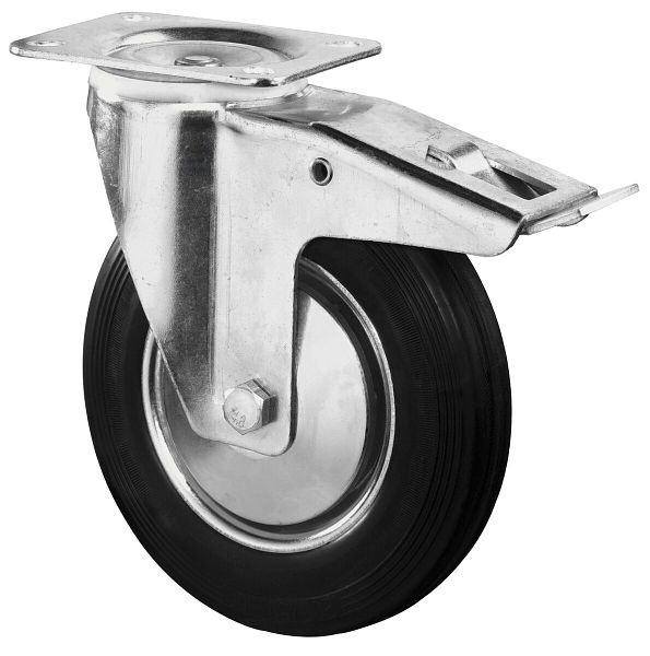 Rouleau de transport BS rollers avec frein, largeur 70 mm, Ø280 mm, jusqu'à 350 kg, bande de roulement en caoutchouc noir, jante en acier, roulement à rouleaux, plateau, L420.B55.280