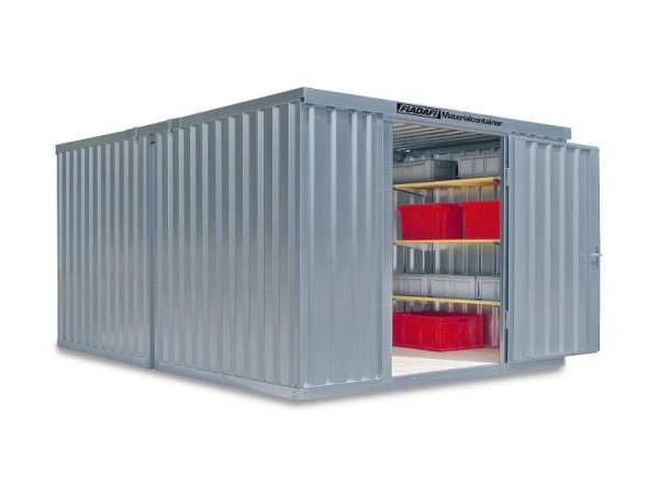 FLADAFI Materialcontainer-, Kombination MC 1340, verzinkt, zerlegt, mit Holzfußboden, 3050 x 4340 x 2150 mm, Einflügeltür auf der 3 m Seite, F13400101-911