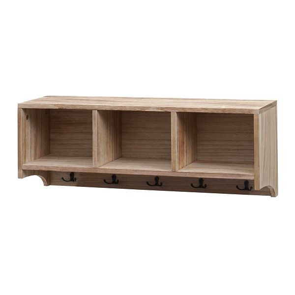 Étagère murale Mendler HWC-K49, étagère murale pour armoire, 3 compartiments de rangement 5 crochets 30x80x20cm bois, brun naturel, 94414