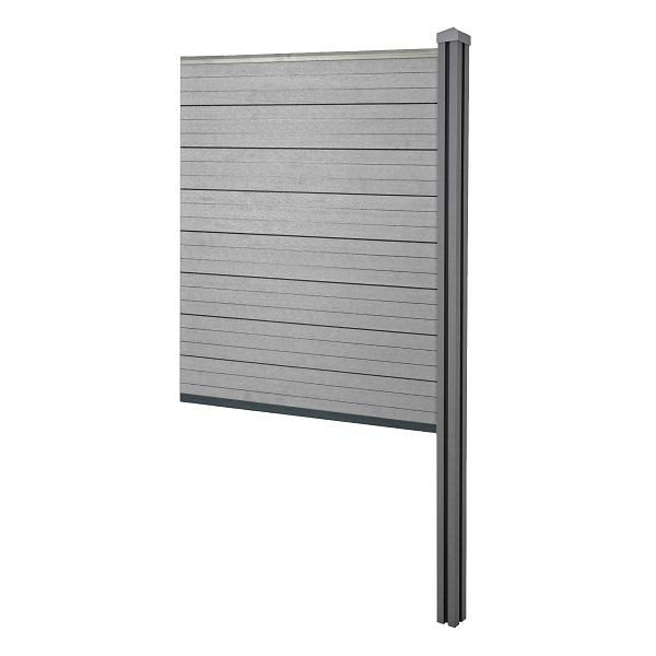 Mendler Brise-vue WPC Sarthe, clôture coupe-vent, poteau WPC à encastrer dans le béton, élément d'extension étroit, 98cm gris, 64890+76237+76240+76261