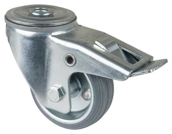 Rouleau de transport BS rollers avec frein, largeur 26 mm, Ø80 mm, jusqu'à 50 kg, bande de roulement en caoutchouc gris, roulement à rouleaux, lot de 4, L121.B56.080