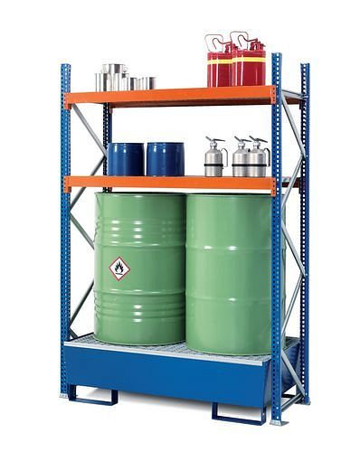 Support pour fûts et petits récipients DENIOS GRS 1250, bac de récupération laqué, 2 étagères à grilles, élément complémentaire, 201-816