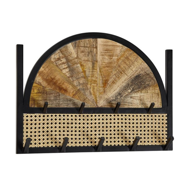 Porte-manteau mural Wohnling Bois massif de manguier / rotin 53x40x7,5 cm Porte-manteau de couloir design, bande de crochets tresse viennoise, panneau mural en métal, porte-manteau mural, WL6.590
