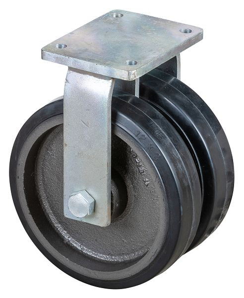 Roulette double robuste BS Wheels, roulette fixe, largeur de roue 2x75 mm, Ø roue 300 mm, capacité de charge 1700 kg, bandages élastiques noirs, fonte, roulements à billes, S110.B81.300
