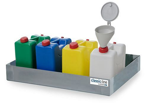 Station de collecte DENIOS, avec bac de collecte en acier inoxydable, 4 bidons, entonnoir, 281-978