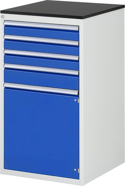 Armoire à tiroirs RAU série 7000, L580xP650xH1030mm, tiroirs : 3xH90, 1xH120mm, porte battante H540mm, plan de travail mélaminé résineux, 03-L7.3AR-M.11