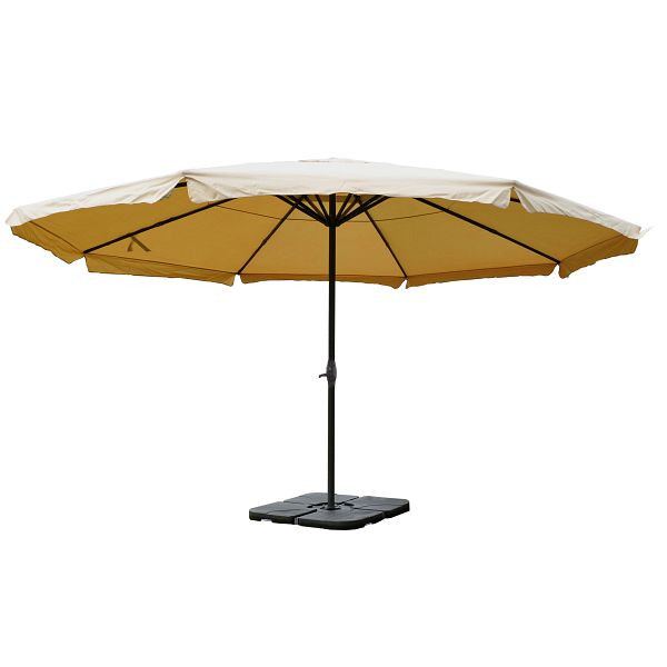 Parasol Mendler Meran Pro, parasol marché gastronomie avec volant Ø 5m polyester/aluminium 28kg, crème avec pied, 34344+31831