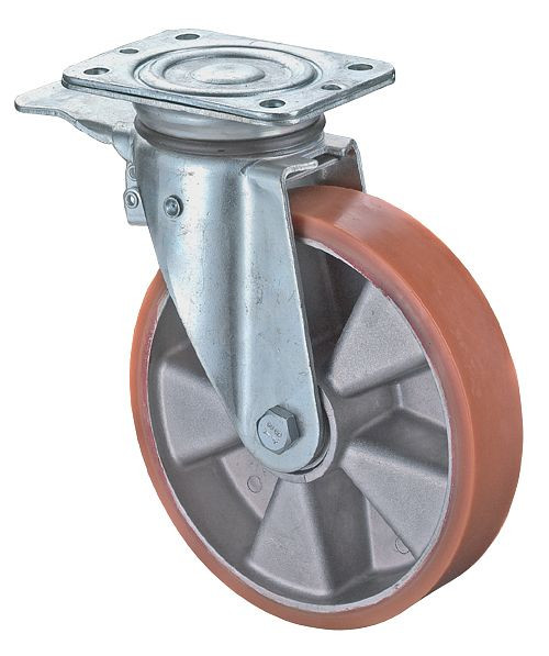 Roulettes BS Roulette robuste avec frein, largeur 50 mm, Ø200 mm, jusqu'à 600 kg, polyuréthane coulé 95 Shore A, corps en aluminium, roulement à billes, N120.B90.203