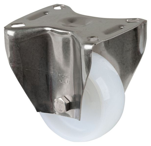 Rouleau de transport BS rollers en acier inoxydable, largeur de roue 30 mm, roue Ø 80 mm, capacité de charge 100 kg, bande de roulement/corps de roue en plastique, palier lisse, plaque, H110.A90.080
