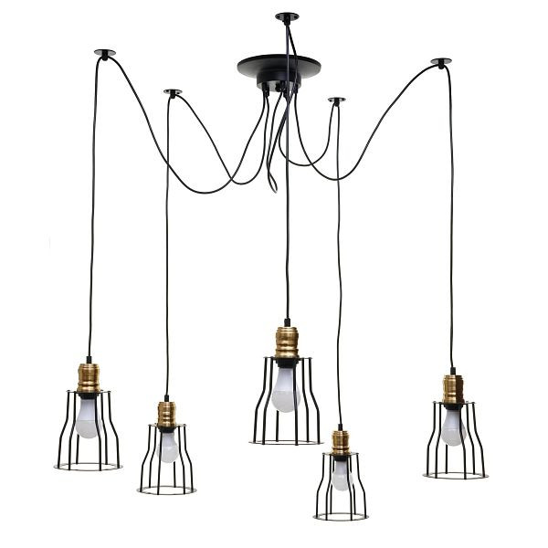 Suspension Mendler HWC-H81, lampe suspendue, métal industriel réglable en hauteur noir, abat-jour cage 5x, 74190