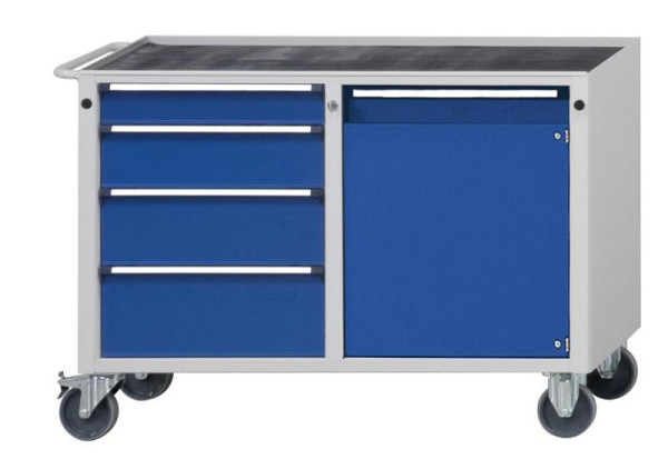 Chariot d'atelier ANKE; 1090x615x810mm; Baignoire avec tapis antidérapant; Logement en 2 parties; A gauche 4 tiroirs 90, 120, 180, 210 mm; Droite 1 porte 600 mm, 460.100