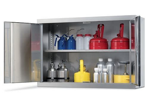 Armoire suspendue DENIOS pour produits chimiques Inox HSE-2, avec étagère et plateau inférieur, 2 portes, 201-317
