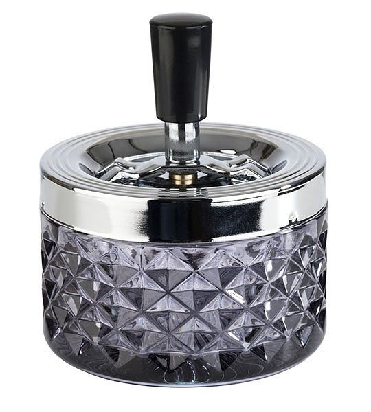 Cendrier rotatif APS -PUSH-, Ø 9,5 cm, hauteur : 11 cm, verre, gris foncé, brillant, métal chromé, couvercle avec mécanisme rotatif, 00568