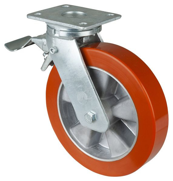 Roulettes BS Roulette robuste avec roue/blocage, B50 mm, Ø250 mm, jusqu'à 1000 kg, polyuréthane superficiel moulé 95 Shore A, aluminium, roulements à billes, RR120.B90.250